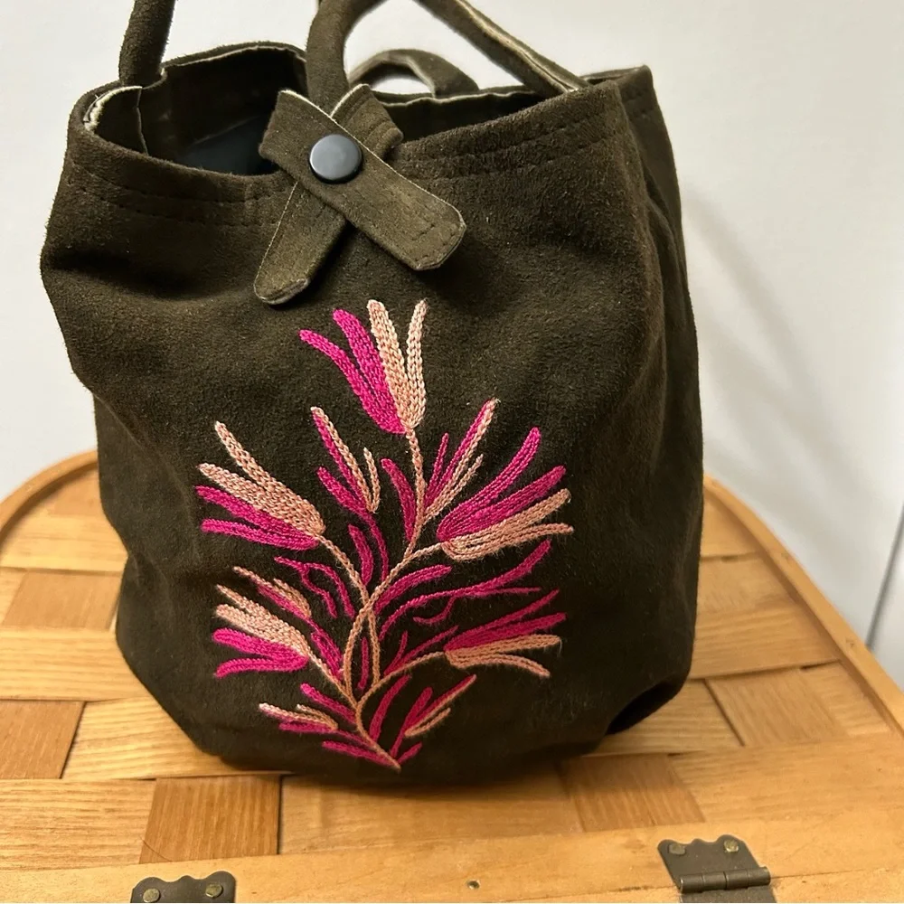 Embroidered Brown and Pink Small Tote Bag